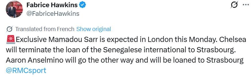 RMC名记：马马杜-萨尔预计今天返回伦敦，回归切尔西